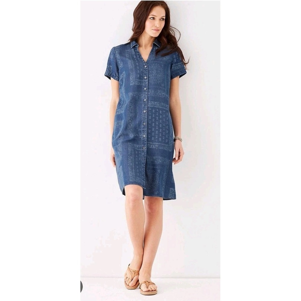 J. JILL Blue Indigo Paisley Print Shirt Dress Sz Small w/Pockets Button Front